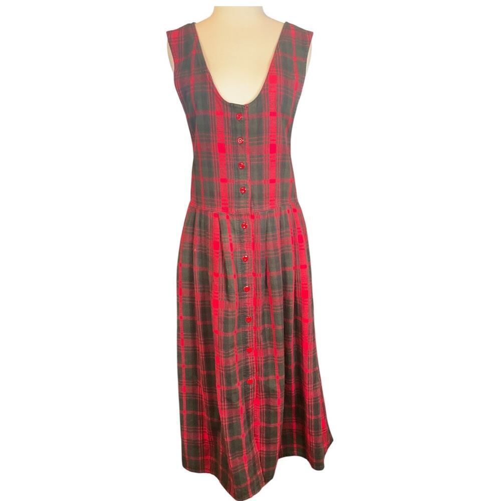 Vintage Woolrich Red Plaid Jumper Dress Sleeveless Buttons cottagecore Cotton L